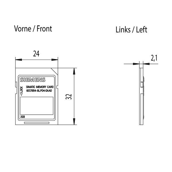 کارت حافظه S7-1200 و S7-1500 زیمنس 2GB 6ES7954-8LP04-0AA0 2 ابعاد کارت حافظه زیمنس 6ES7954-8LP04-0AA0